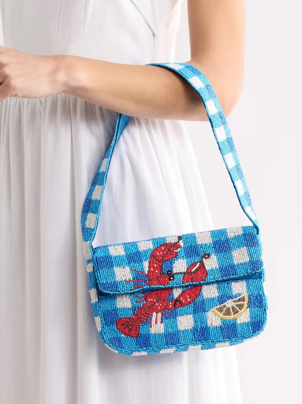 NWT Nordstrom Beaded Gingham Lobster Baguette Shoulder Bag